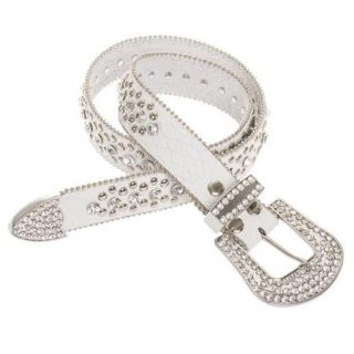 Womens White Genuine Leather Round Crystal Rhinestone Studded Fashion Belt (M/L)