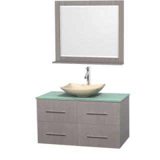 Wyndham Collection Centra 42 in. Vanity in Gray Oak with Glass Vanity Top in Green, Ivory Marble Sink and 36 in. Mirror WCVW00942SGOGGGS5M36