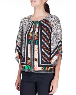 Etro Printed Handkerchief Sleeve Silk Top, Black/Orange