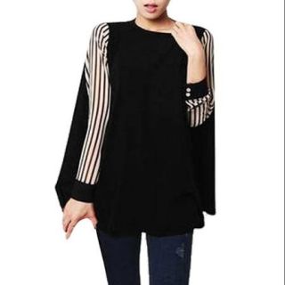 Allegra K Women's Scoop Neck Vertical Stripes Detail Pullover Shirt Black (Size XS / 2)