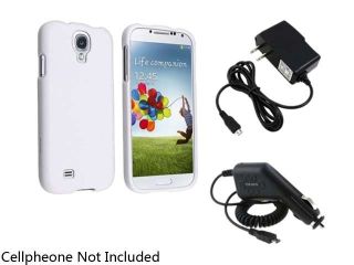 Insten White Hard Rubber Skin Case + Car + Home Wall Charger Compatible with Samsung Galaxy S4 i9500