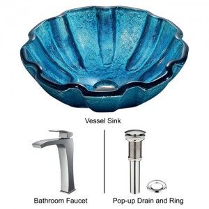 VIGO Industries VGT177 Bathroom Sink, Mediterranean Seashell Glass Vessel Sink & Faucet Set   Chrome