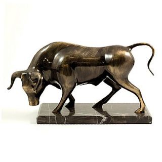 Bey Berk Bull Sculpture  With Antique Bronzed Finish, Marble Base