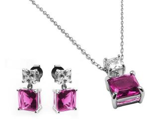 .925 Sterling Silver Rhodium Plated Square Created Tourmaline Earring Pendant  Necklace Set