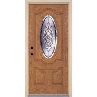 Feather River Doors 37.5 in. x 81.625 in. Lakewood Zinc 3/4 Oval Lite Stained Light Oak Fiberglass Prehung Front Door 722305