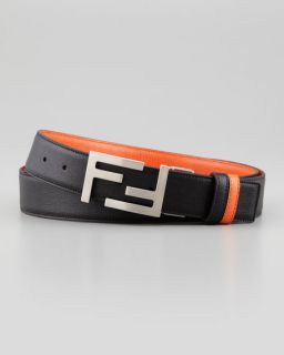 Fendi Reversible Logo Leather Belt, Black/Orange