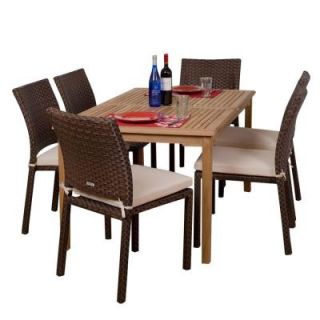 Atlantic Contemporary Lifestyle Luxemburg Brown 7 Piece Teak/All Weather Wicker Patio Dining Set with Off White Cushions SC LUXEMBURG