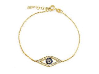 Bling Jewelry Sterling Silver Gold Plated Simulated Sapphire Clear CZ Evil Eye Bracelet