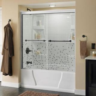 Delta Lyndall 59 3/8 in. x 58 1/8 in. Semi Frameless Sliding Tub Door in White with Bronze Handle and Mosaic Glass 171399