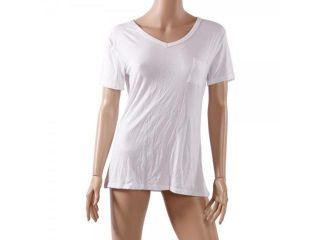Fashion Women Pure V neck Pocket Short Sleeve T shirt White Free Size