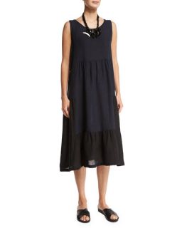 eskandar Sleeveless Colorblock Tiered Linen Dress, Black/Navy