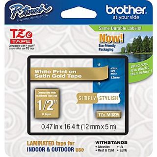 Brother TZe MQ835 1/2 P Touch Label Tape, White on Satin Gold
