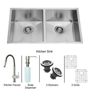 VIGO Industries VG15158 Kitchen Sink Set, All In One 32" Undermount Double Bowl Sink & Faucet   Stainless Steel