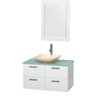 Wyndham Collection Amare 36 in. Vanity in Glossy White with Glass Vanity Top in Green, Marble Sink and 24 in. Mirror WCR410036SGWGGGS5M24