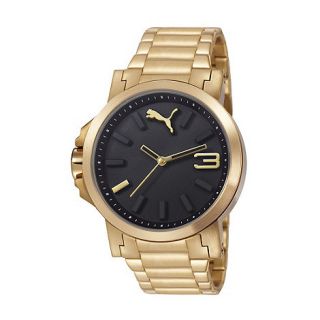 Puma Mens stainless steel IP gold watch with black dial and stainless steel IP gold bracelet
