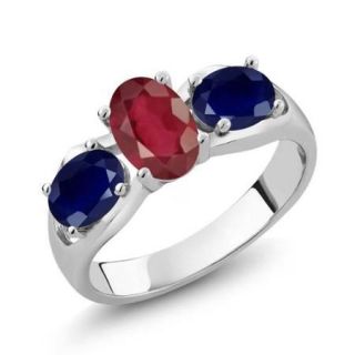 2.10 Ct Oval African Red Ruby Blue Sapphire 14K White Gold Ring