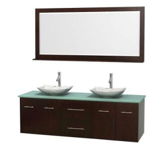 Wyndham Collection Centra 72 in. Double Vanity in Espresso with Glass Vanity Top in Green, Carrara White Marble Sinks and 70 in. Mirror WCVW00972DESGGGS6M70