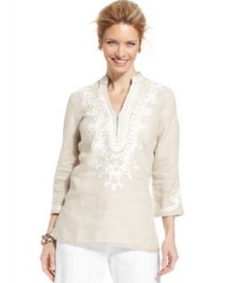 Charter Club Three Quarter Sleeve Linen Embroidered Tunic Top