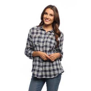 Live A Little Womens Navy/ White Plaid Rolled Sleeve Shirt