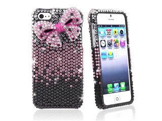 Insten Black / Pink Full Diamond with 3D Bow Tie Snap on Hard Case Cover + Privacy LCD Protective Film Compatible With Apple iPhone 5