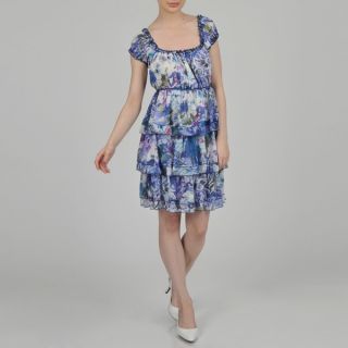 Womens Floral Print Puff Cap Sleeve Peasant Neck Tiered Dress