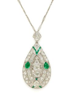 Estate Ca. 1930 Platinum, Emerald, & Diamond Teardrop Pendant Necklace by Piranesi of Aspen