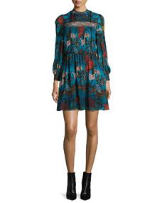 Alice + Olivia Aimee Long Sleeve Floral Print Dress, Blue/Multicolor