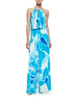 Parker Madera Watercolor Print Halter Maxi Dress, Poolside Blue