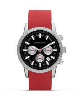 Michael Kors Men's Silver Watch on Red Silicone Strap, 43mm