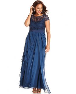 Adrianna Papell Plus Size Cap Sleeve Lace Tiered Gown   Dresses