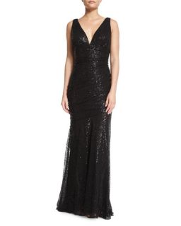 Carmen Marc Valvo Sleeveless Embellished Ruched Gown, Black