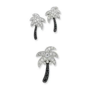 Sterling Silver CZ Black & White Palm Tree Slide Pendant and Post Earrings Set (0.7IN x 0.4IN )