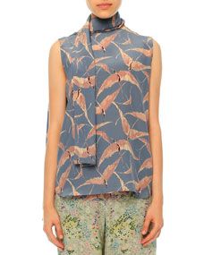 Valentino Sleeveless Bird Print Tie Neck Blouse, Multi Colors