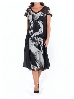 Chesca Plus Size Abstract Print Chiffon Lined Dress Black & Ivory