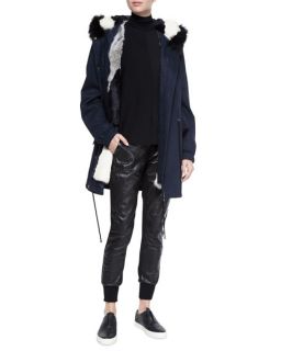 Vince Fur Lined Hooded Parka, Long Sleeve Skinny Rib Sweater & Leather Belted Jogger Pants