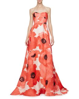 Lela Rose Strapless Oversized Floral Print Gown, Red/Multi