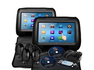 XTRONS Black Pillow 2X Twin Car Headrest DVD Multi Media Player 9" Digital Touchscreen Game Disc IR Headphone
