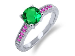 1.40 Ct Round Green Nano Emerald Pink Sapphire 14K White Gold Engagement Ring 