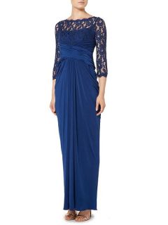 Adrianna Papell Rouched waist gown with lace top and 3/4 sleeves Navy