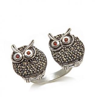 Gray Marcasite and Garnet Double Owl Open Design Sterling Silver Ring   8131361