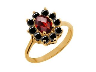 1.13 Ct Oval Checkerboard Red Garnet Black Diamond 18K Yellow Gold Ring 