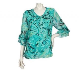 Susan Graver Crinkle Chiffon Printed V neck Blouse with 3/4 Sleeves —