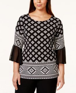 Alfani Plus Size Geo Print Bell Sleeve Blouse, Only at   Tops