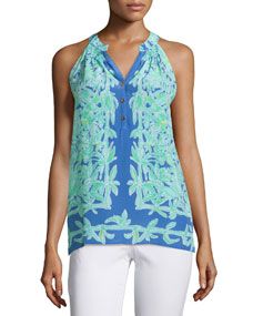 Lilly Pulitzer Bailey Printed Silk Halter Top, Poolside Blue