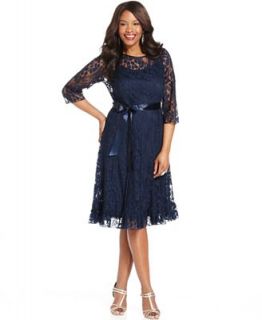 Jessica Howard Plus Size Three Quarter Sleeve Belted Lace Dress