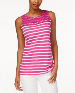 Charter Club Petite Striped Crochet Detail Tank Top, Only at