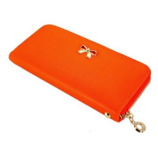 New Fashion Lady Bow Tie Zipper Around Women Clutch Leather Long Wallet Card Holder Case Purse Handbag Bag Party Organizer   Orange