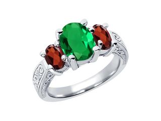 3.40 Ct Oval Green Nano Emerald Red Garnet 18K White Gold 3 Stone Ring