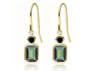 2.24 Ct Octagon Green Mystic Topaz Black Diamond 14K Yellow Gold Earrings